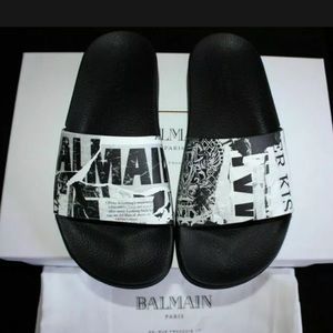 BALMAIN Calypso Newspaper Logo Calf Leather Pool Slides EUR 36